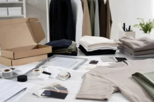 Home 43 private label clothing branding sample table with labels, hang tags, and packaging