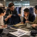 Brand team evaluating where to find clothing manufacturers through product and factory review