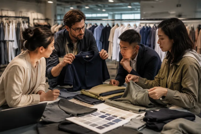 Apparel Sourcing Center 9 Brand team evaluating where to find clothing manufacturers through product and factory review