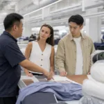 Factory team reviewing the cost to import clothing from China during apparel production planning