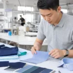 Apparel manufacturing team reviewing polo fabric swatches and product specifications