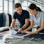Apparel manufacturing team reviewing piqué fabric swatches for custom polo shirts