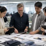 Buyer preparing clothing manufacturing requirements with tech pack and fabric swatches in a clothing factory