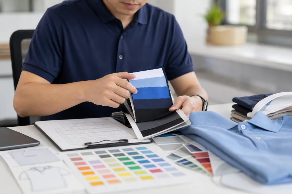 Custom Company Polo Shirts: Manufacturer-Ready Bulk Buying Guide 4 Fabric swatches and size chart prepared for a company polo order