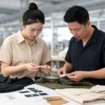 Team reviewing compliant private label clothing labels and trims during sample development