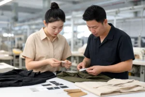 Team reviewing compliant private label clothing labels and trims during sample development