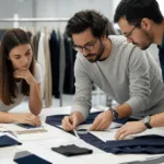 Custom clothing manufacturer reviewing fabric and pattern options