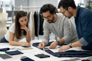 Custom clothing manufacturer reviewing fabric and pattern options