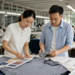 Custom clothing manufacturer reviewing apparel development materials