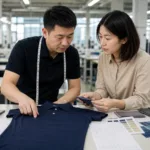 Custom clothing manufacturing team reviewing fabric and garment specifications