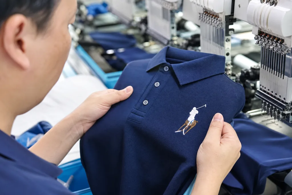 Custom Clothing Manufacturing Project Planning for Apparel Buyers 2 custom clothing manufacturing polo embroidery inspection