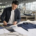 Custom clothing manufacturing product brief with fabric samples and garment specifications