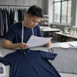 Custom clothing manufacturing product planning with fabric swatches and garment specifications
