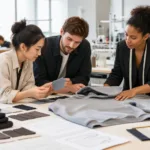 Custom clothing manufacturing product planning with fabric swatches and garment samples