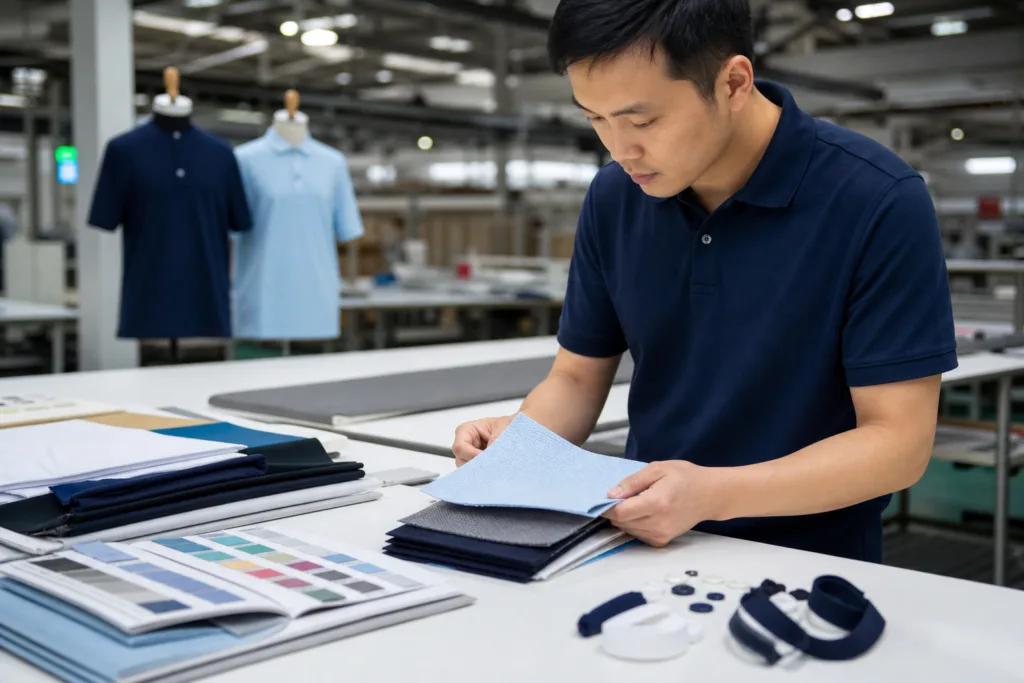 Custom Polo Shirt Manufacturing: Fabric, Fit, MOQ, and QC Guide 1 custom polo shirt manufacturing fabric inspection