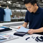 Custom polo shirt manufacturing fabric inspection with pique and performance knit swatches