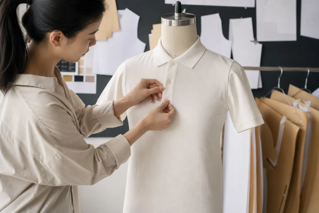 Custom Polo Shirt Manufacturing: Fabric, Fit, MOQ, and QC Guide 2 custom polo shirt manufacturing sample fitting