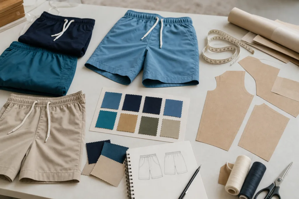Men's Beach Shorts Manufacturing and Custom Sourcing Guide 10 Unbranded men's beach shorts with fabric swatches and pattern pieces