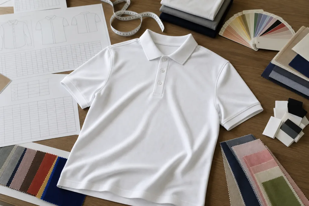 Custom Moisture-Wicking Polo Shirts: Bulk and Private-Label Sourcing Guide 2 Polo sample, fabric swatches, and measurement tools for specification review