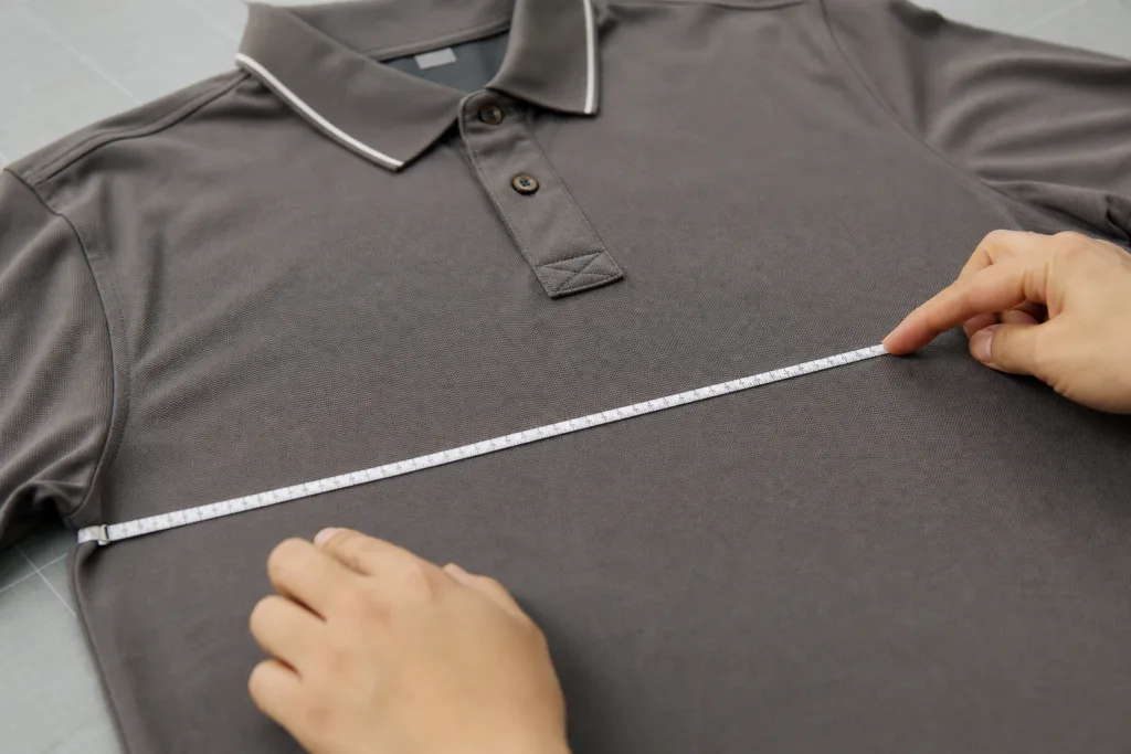 Custom Company Polo Shirts: Manufacturer-Ready Bulk Buying Guide 2 Polo sample being measured for logo placement approval