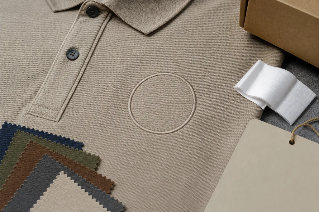 Custom Moisture-Wicking Polo Shirts: Bulk and Private-Label Sourcing Guide 3 Polo fabric and private-label packaging components for branding review
