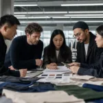 Startup team reviewing samples and fabric options for the cost to start clothing brand with manufacturer planning process