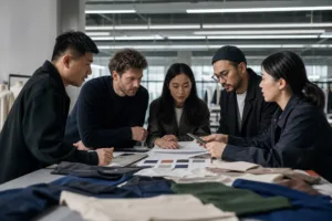 Startup team reviewing samples and fabric options for the cost to start clothing brand with manufacturer planning process