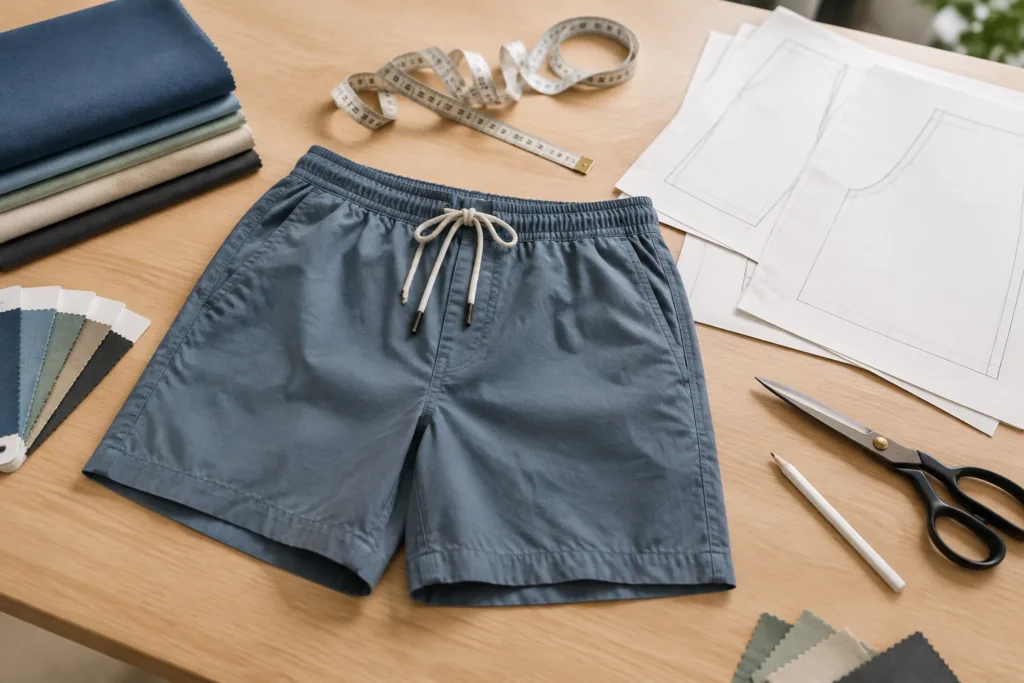 Beach Shorts Manufacturer Guide: Custom, Private-Label and Bulk Production 7 Unbranded beach shorts with fabric swatches and measurement tools