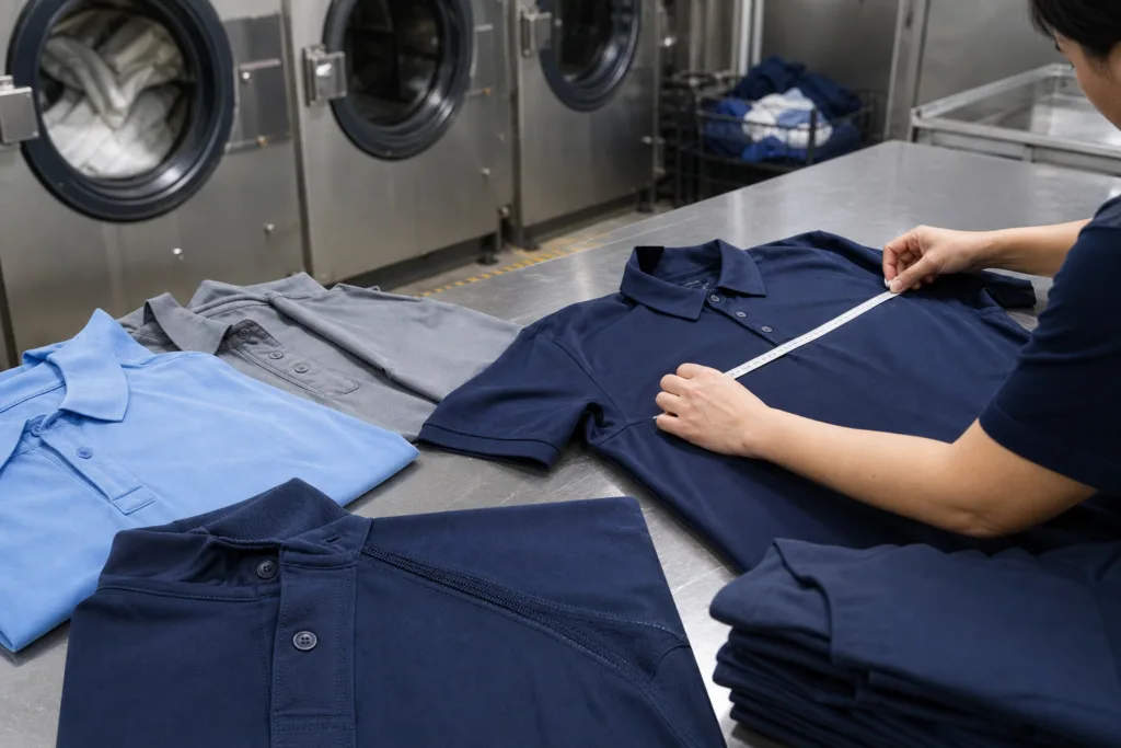 Polo Shirts for Industrial Laundering: Buyer Guide 1 Complete polo garment being inspected after a commercial laundry process
