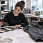 Custom clothing manufacturer reviewing fabric and garment specifications