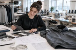 Home 43 Custom clothing manufacturer reviewing fabric and garment specifications