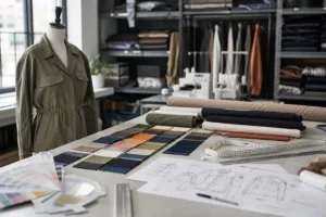 Home 44 Custom clothing manufacturer reviewing fabric and garment development
