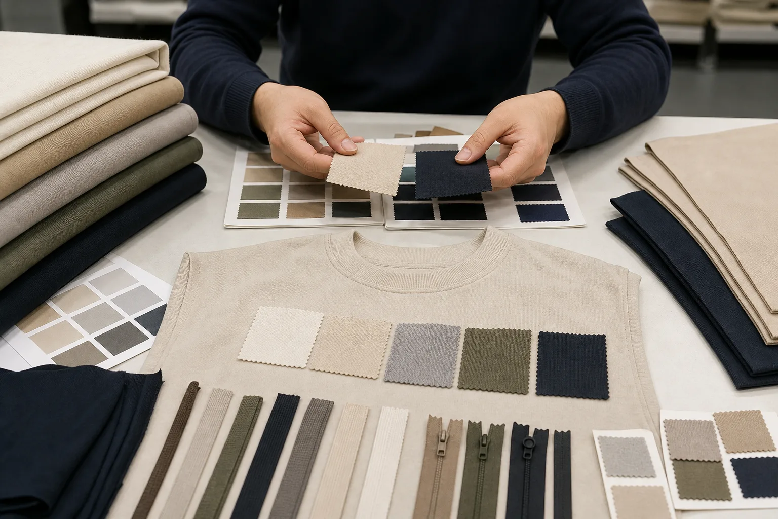 Clothing Manufacturer Handover Checklist: Transfer Files, Samples, and Material Standards 2 Fabric swatches, trim samples and an unbranded garment panel arranged for comparison.