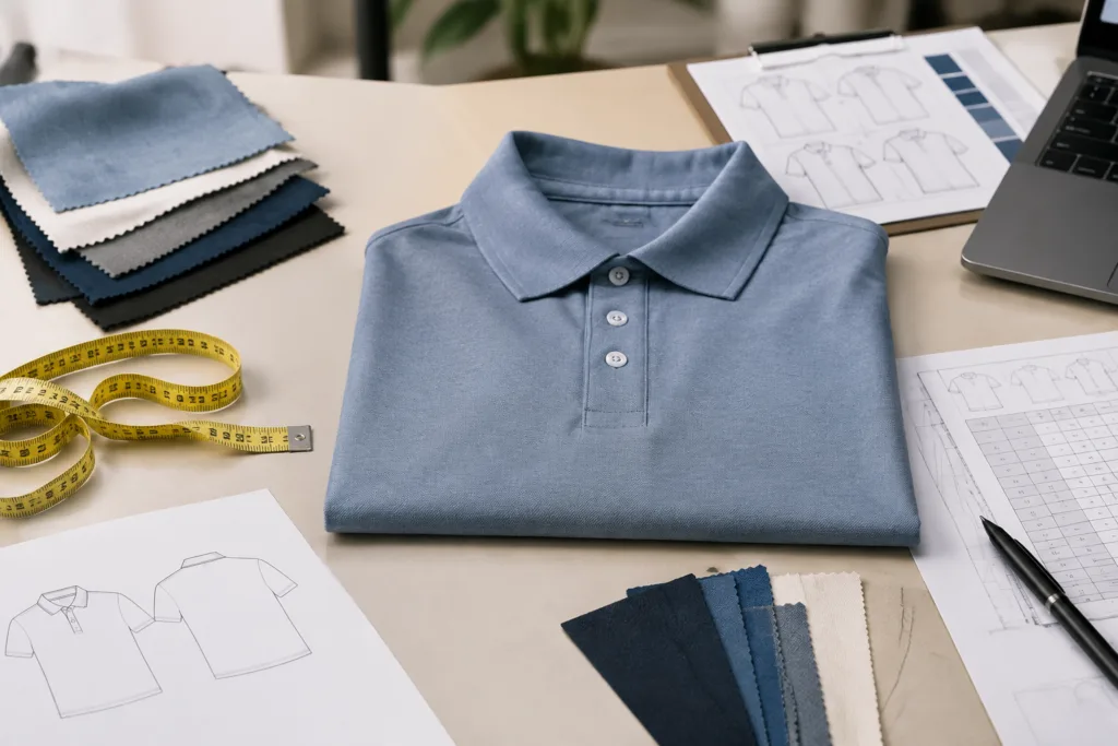 Custom Golf Polo Shirt Manufacturing: A B2B Sourcing Guide 1 Golf polo sample with fabric swatches and measurement tools