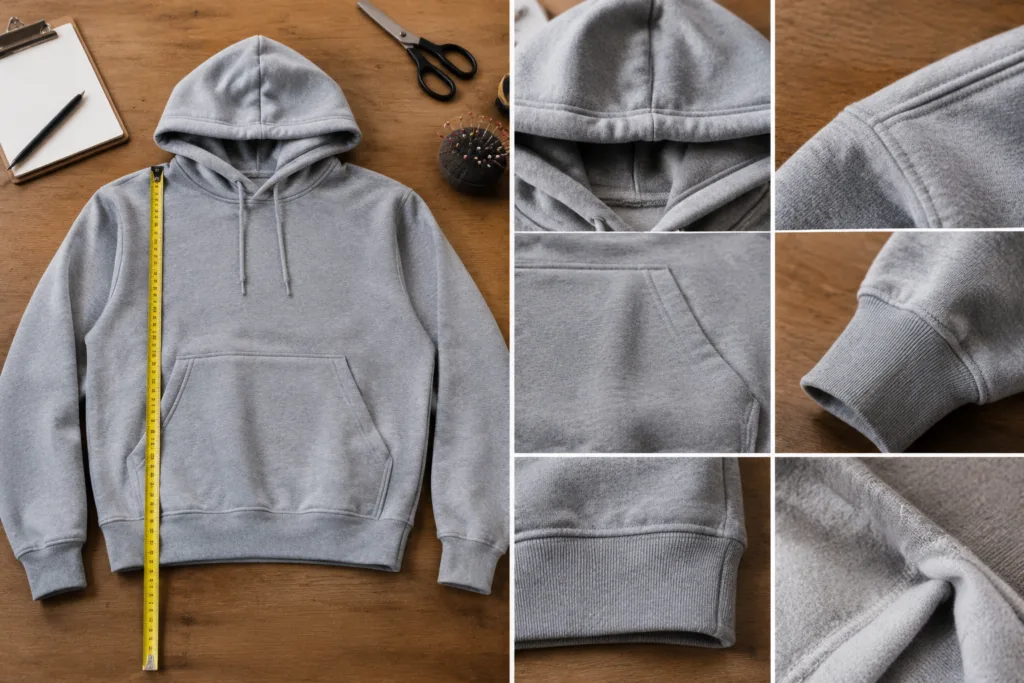 Custom Gray Hoodie Manufacturing and Bulk Sourcing Guide 3 Gray hoodie being checked for measurements and construction
