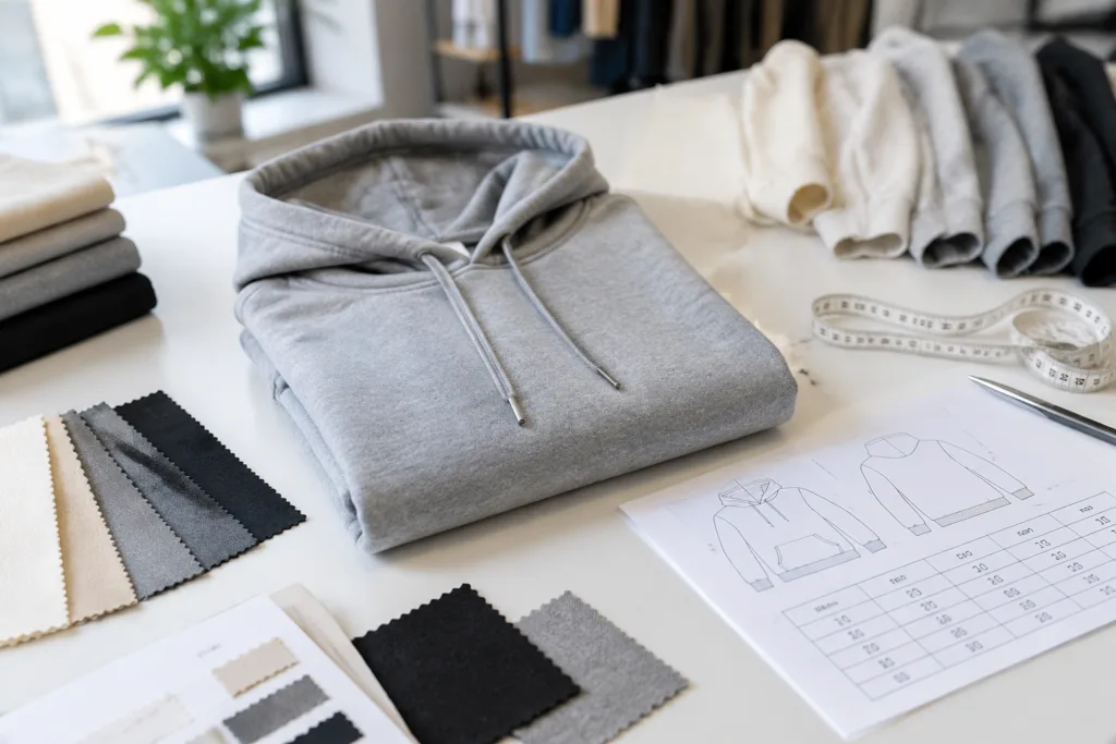 Custom Gray Hoodie Manufacturing and Bulk Sourcing Guide 2 Gray hoodie with fabric swatches and measurement planning materials