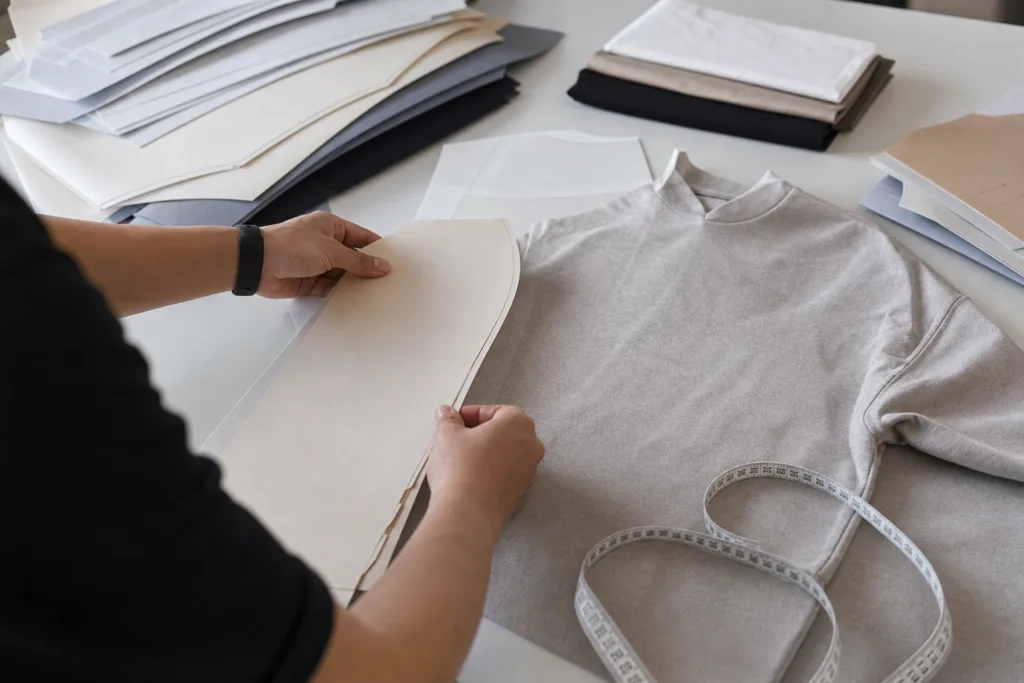 Clothing Manufacturer Handover Checklist: Transfer Files, Samples, and Material Standards 1 A garment technician compares pattern pieces and measurements with a plain clothing sample.