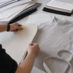 A garment technician compares pattern pieces and measurements with a plain clothing sample.