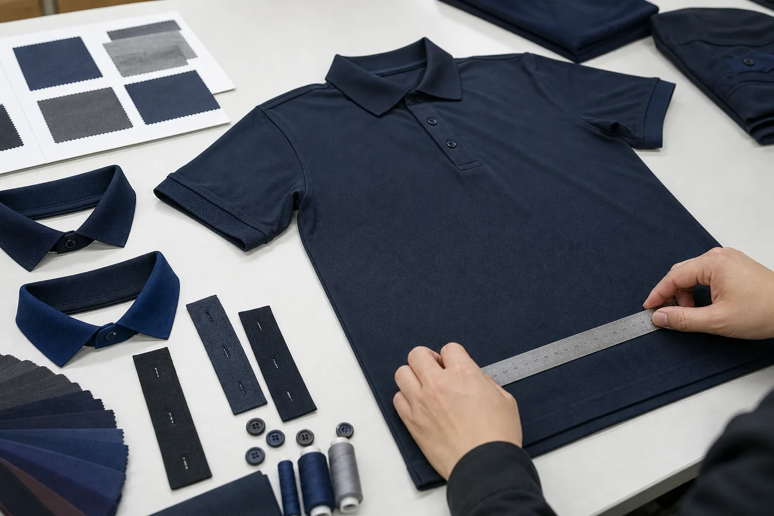 Polo shirt collar and placket being checked during garment inspection