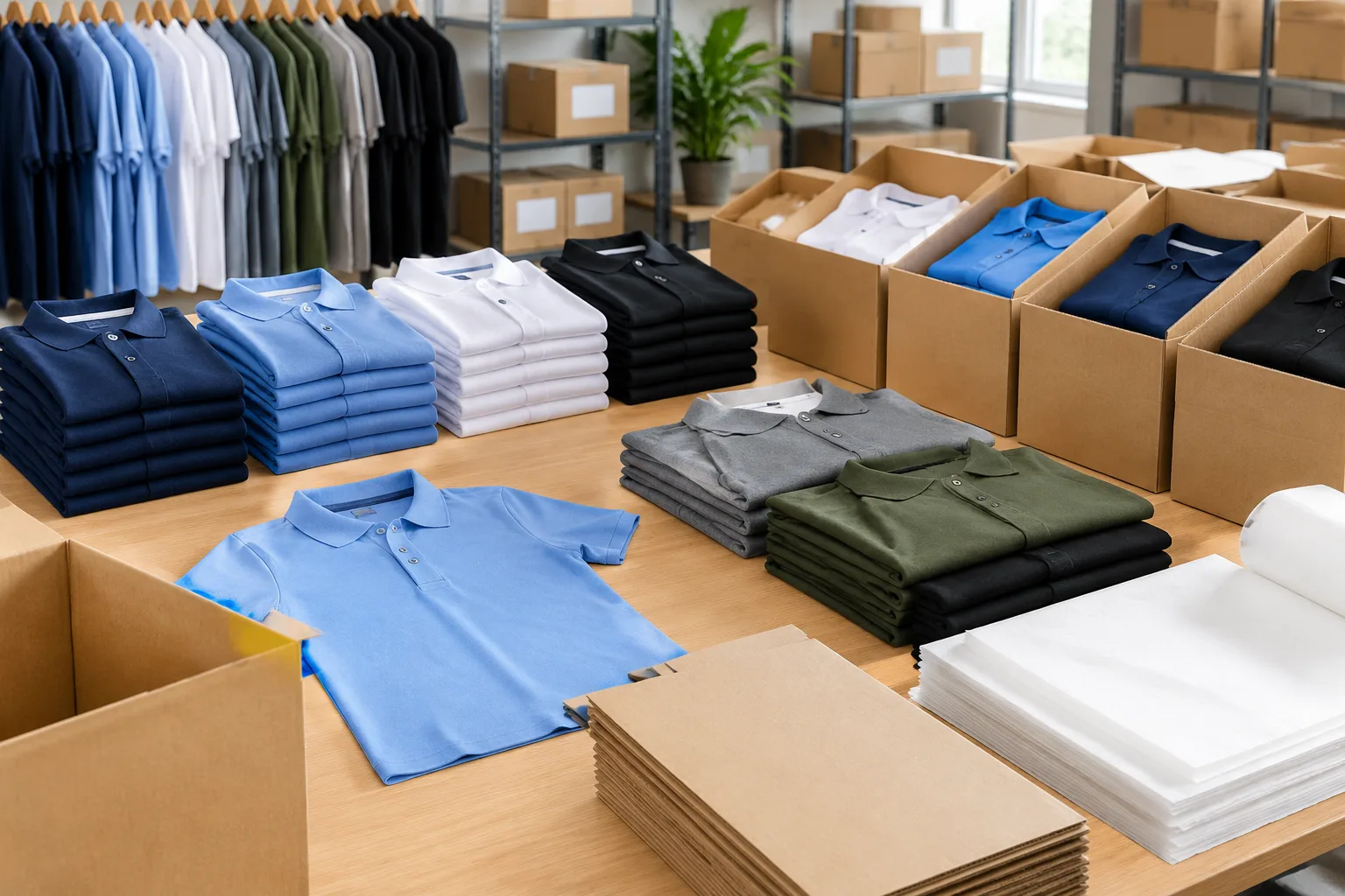 Uniform garments arranged as role-based bundles and open-size stacks