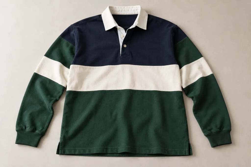 Custom Rugby Polo Shirts: A B2B Guide to Design, Materials, and Wholesale Sourcing 5 Blank rugby polo shirt showing collar placket and contrast panel construction